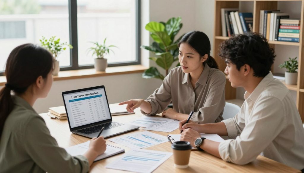 A cozy and modern home office scene, featuring a diverse group of three professionals engaged in discussion about low-interest first-time home buyer loans. In the foreground, a table is cluttered with financial documents, a laptop displaying loan comparisons, and a coffee cup. In the middle, the professionals, dressed in business casual attire, appear engaged and focused, with one pointing at the screen and another noting key points on a notepad. The background should show a sunny room with large windows, green indoor plants, and a bookshelf filled with financial guides. Soft, natural lighting fills the space, creating a welcoming atmosphere that conveys collaboration and optimism. The angle is slightly above eye level, giving a comprehensive view of the interaction.