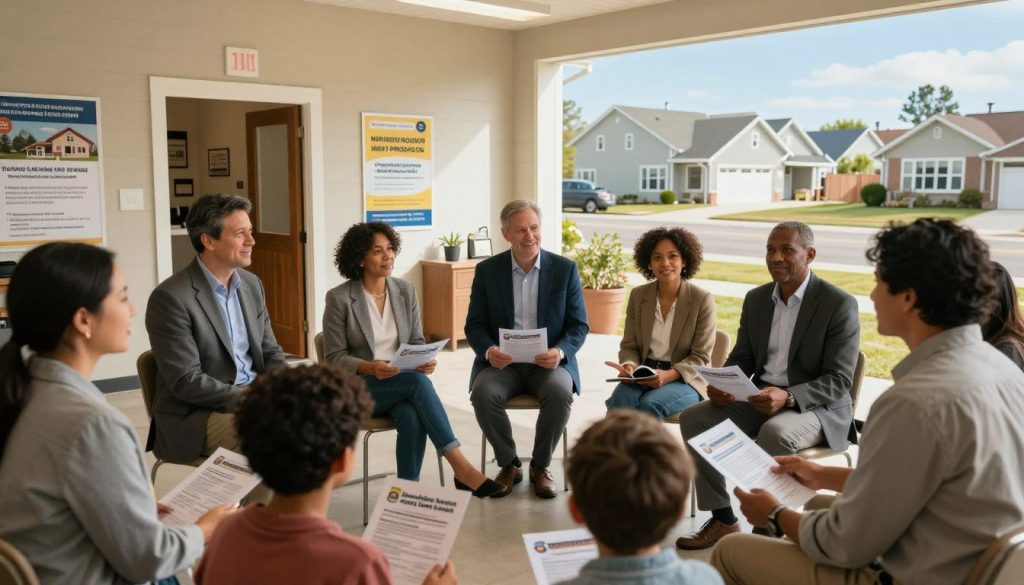 A cozy community gathering space representing affordable housing loan programs, with families discussing their options for low-income housing. In the foreground, a group of diverse adults in professional business attire engaged in a friendly dialogue, holding brochures about various housing assistance programs. The middle ground features an inviting community center with a welcoming entrance and posters illustrating home loan options and support services. In the background, a neighborhood of modest, well-maintained homes under a bright blue sky, showcasing a hopeful and supportive atmosphere. The image is illuminated by warm, natural lighting to evoke a sense of optimism and collaboration. The angle is slightly tilted from above, capturing the community spirit and engagement among participants.