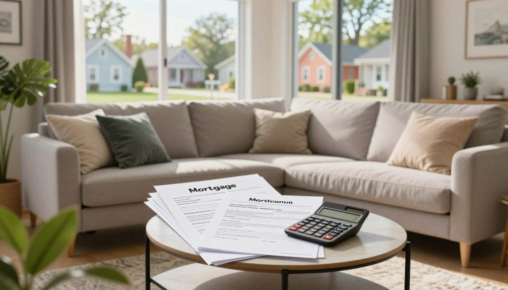 A cozy, inviting living room designed for first-time homebuyers, featuring a stylish couch with throw pillows, a modern coffee table, and houseplants in the foreground. In the middle, a stack of financial documents, including a mortgage application and a calculator, symbolizes the process of securing low initial payment rates. The background shows a large window with soft daylight streaming in, illuminating a view of a serene neighborhood with green trees and colorful houses. The atmosphere is warm and hopeful, evoking the excitement of stepping into homeownership. The scene is captured with a wide-angle lens, focusing on the details of the room while creating a welcoming ambiance with natural light.