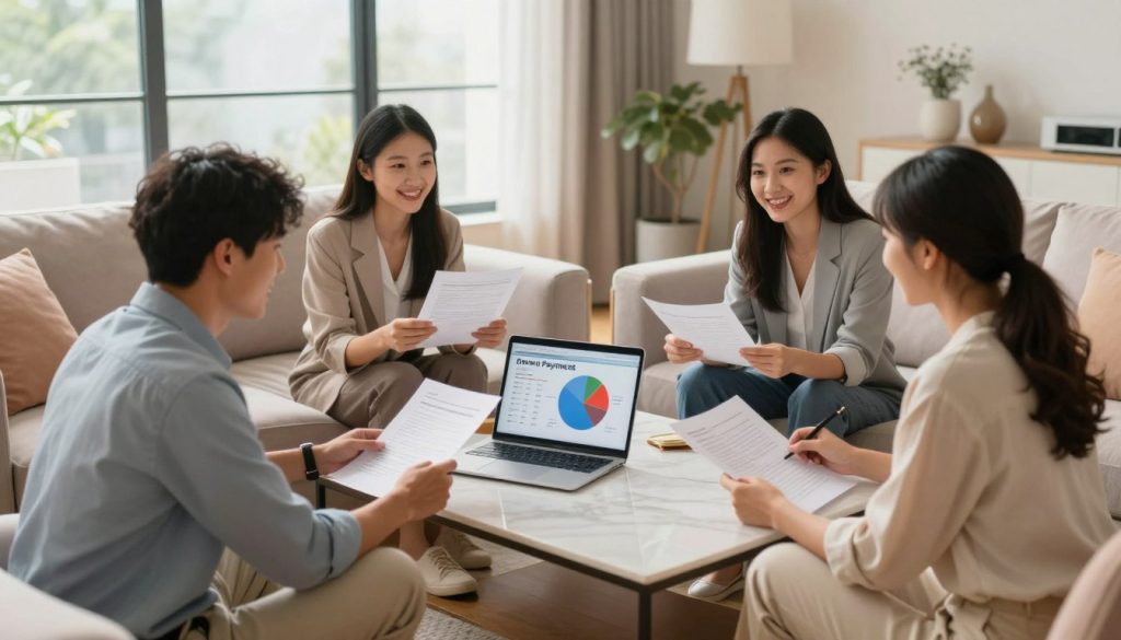 A cozy, modern living room featuring a diverse group of young first-time home buyers discussing low down payment options around a stylish coffee table. In the foreground, this group includes two men and two women, all dressed in professional business attire, exchanging documents and smiles. The middle layer showcases an elegant laptop displaying a pie chart with down payment statistics, symbolizing financial empowerment. In the background, large windows illuminate the room with warm, natural light, enhancing a hopeful and inviting atmosphere. Soft furnishings in soft pastel colors complement the hardwood flooring, creating a sense of comfort and optimism. The overall mood is collaborative and encouraging, reflecting the excitement of new home ownership.