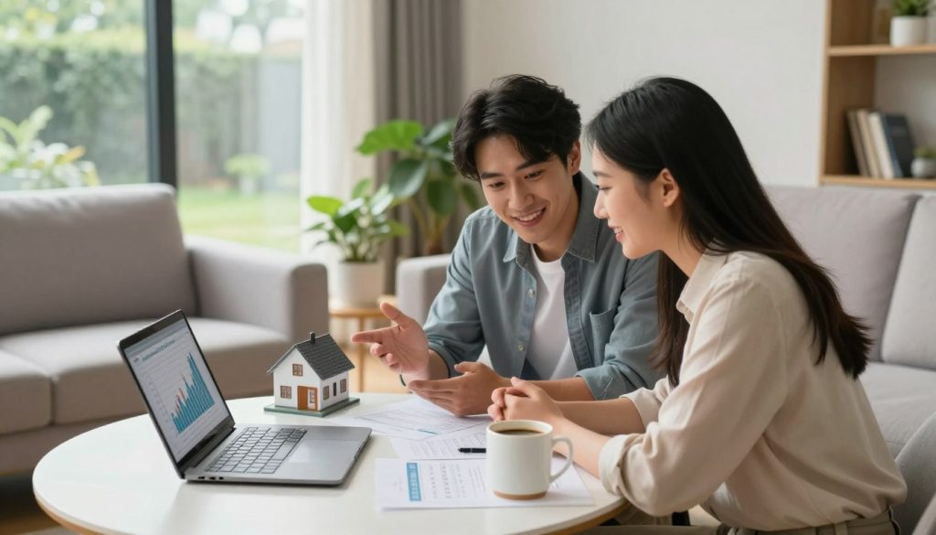 A cozy, modern living room setting with a young couple discussing FHA loan options at a round table. The foreground features a laptop showing a financial graph, papers with calculations, and a coffee mug. The couple, dressed in professional business attire, appears engaged and optimistic, leaning in toward each other. In the middle ground, a house model sits next to a potted plant, symbolizing homeownership aspirations. The background includes a large window with natural light streaming in, highlighting a green backyard outside. The mood is warm and inviting, suggesting hope and opportunity for first-time homebuyers, with soft lighting emphasizing a comfortable atmosphere. Use a wide-angle lens to capture the entire scene, creating depth and focus on the couple's discussion and aspirations.