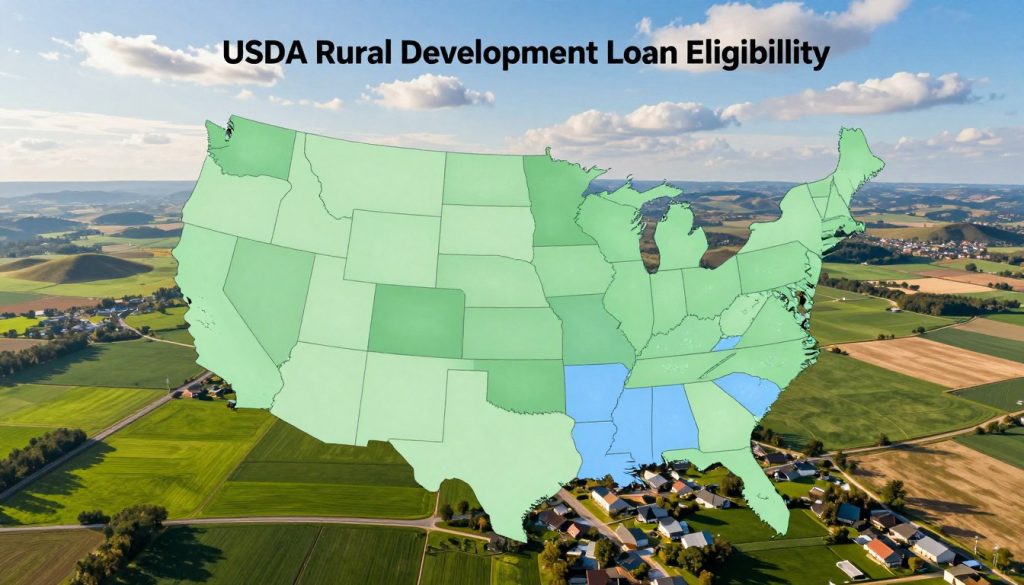 A detailed USDA Rural Development Loan Eligibility Map showcasing rural areas in the United States. In the foreground, highlight vibrant green agricultural regions and small towns, connected by winding roads. The middle layer should feature clearly defined boundaries of eligible zones, colored in gradients of light green and blue, illustrating the map's features. The background should depict rolling hills and expansive farmland under a bright blue sky with soft white clouds, conveying a sense of tranquility and opportunity. Use natural sunlight for warm, inviting lighting, and an aerial perspective to provide a comprehensive view. This image should reflect a mood of hope and accessibility for first-time homebuyers seeking affordable options in rural areas.