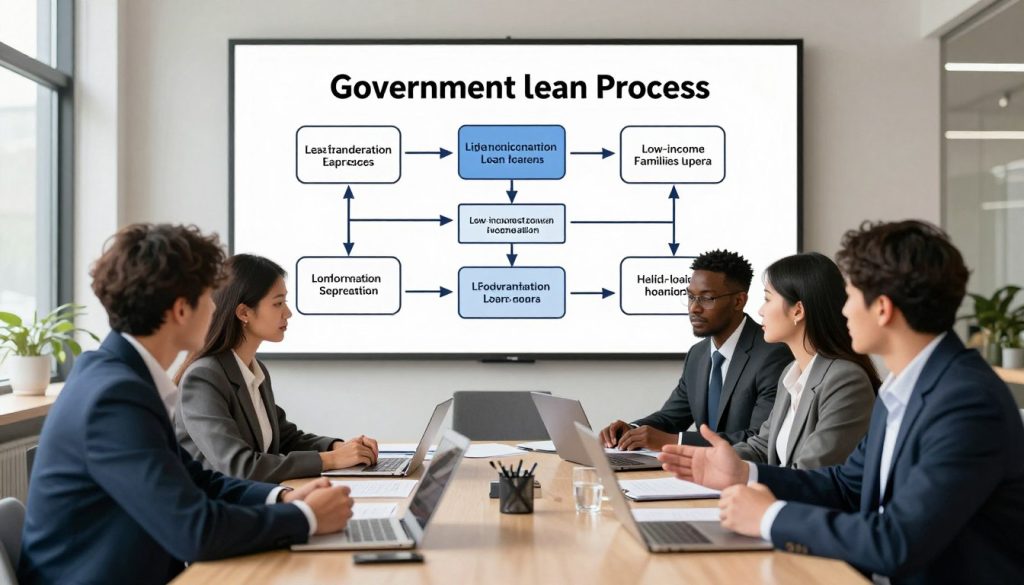 A detailed illustration of the government loan application process. In the foreground, a diverse group of individuals in professional attire (men in suits, women in smart business dresses) are seated around a large table filled with documents and laptops, actively discussing and exchanging ideas. The middle ground features a large whiteboard displaying a step-by-step flowchart of the application process, with clear, organized points. The background includes an office environment with large windows letting in soft natural light, creating a welcoming atmosphere. The overall mood is one of collaboration, hope, and professionalism, aimed at helping low-income families secure loans. The image should convey clarity and optimism, emphasizing the importance of the application process.