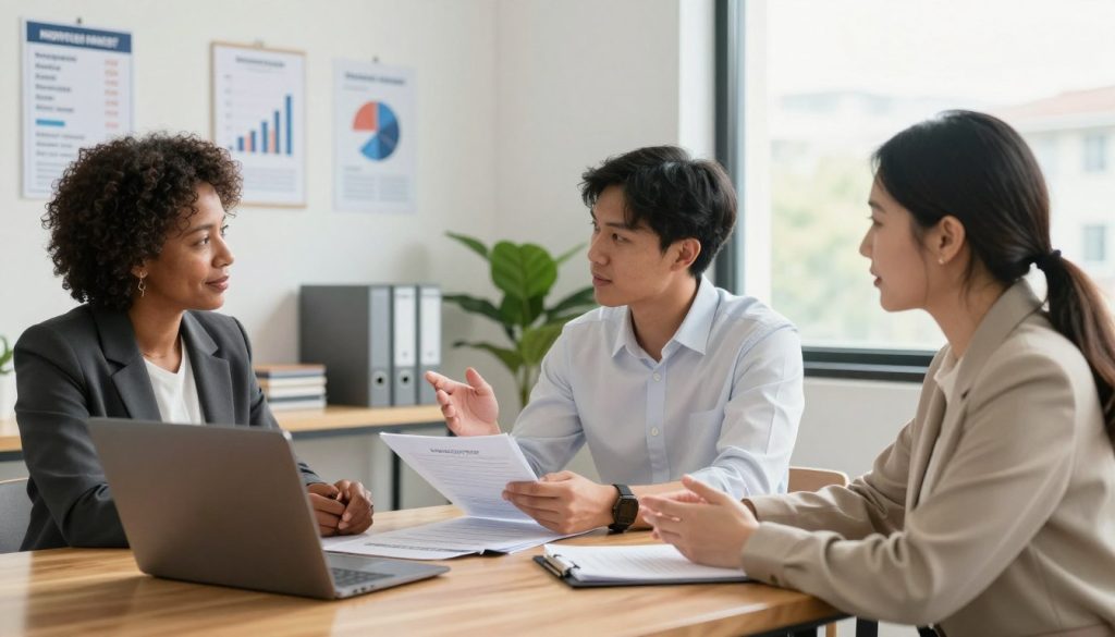 A detailed scene depicting the mortgage application process. In the foreground, a diverse group of three professionals, a middle-aged Black woman in a smart blazer, a young Asian man in a crisp shirt, and a Caucasian woman in business casual attire, are engaged in a discussion at a sleek wooden table covered with documents and a laptop. The middle ground features a well-organized office space with charts on the walls, showcasing mortgage interest rates and graphs, along with a potted plant for a touch of life. In the background, a window reveals a bright day with light streaming in, adding a sense of optimism to the atmosphere. The lighting is warm and inviting, creating a professional yet approachable mood, captured with a slightly shallow depth of field to focus on the subjects and their interaction.