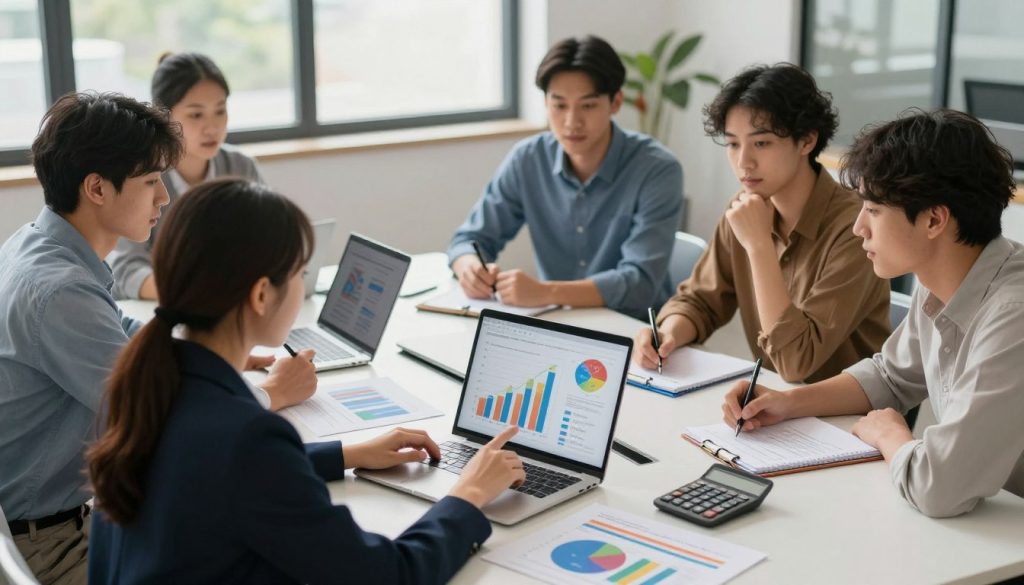 A diverse group of first-time home buyers gathered around a modern conference table, analyzing charts and graphs about interest rates. In the foreground, a young woman in professional business attire points at an infographic on a laptop screen, while a young man takes notes eagerly. The middle ground features colorful bar graphs and a calculator displaying fluctuating interest rates. In the background, large windows let in soft, natural light, illuminating the contemporary office space. The atmosphere is focused and collaborative, conveying a sense of determination and hopefulness as the group navigates their buying power. The angle is slightly overhead to capture the participants’ engagement and the vibrant materials on the table.
