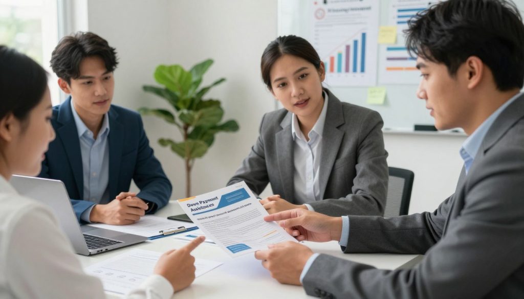 A diverse group of three individuals, dressed in professional business attire, consulting together around a table covered with paperwork and a laptop, illustrating a home loan application process. In the foreground, one person points to a colorful brochure labeled "Down Payment Assistance Programs." The middle ground features a cozy, well-lit office space decorated with greenery to create a welcoming atmosphere. The background shows a whiteboard filled with graphs and notes about the housing market. The scene is illuminated by soft, natural light from a nearby window, enhancing the feeling of collaboration and professionalism. The overall mood should convey hope and support as the individuals engage in informed discussions about homeownership assistance programs.