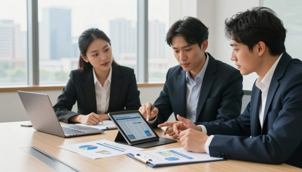 A diverse group of three individuals in professional business attire, seated around a modern conference table, reviewing government loan repayment options on a digital tablet. In the foreground, there are documents with graphs and charts illustrating low-interest rates, while a laptop displays a financial calculator. In the middle, the expressions of the individuals reflect focus and collaboration, as they discuss strategies and options animatedly. The background features a large window showing a city skyline during bright daylight, enhancing the atmosphere of optimism and opportunity. Soft, natural lighting brightens the room, casting gentle shadows, and creating a warm, inviting space conducive to productive discussions about financial planning and management.