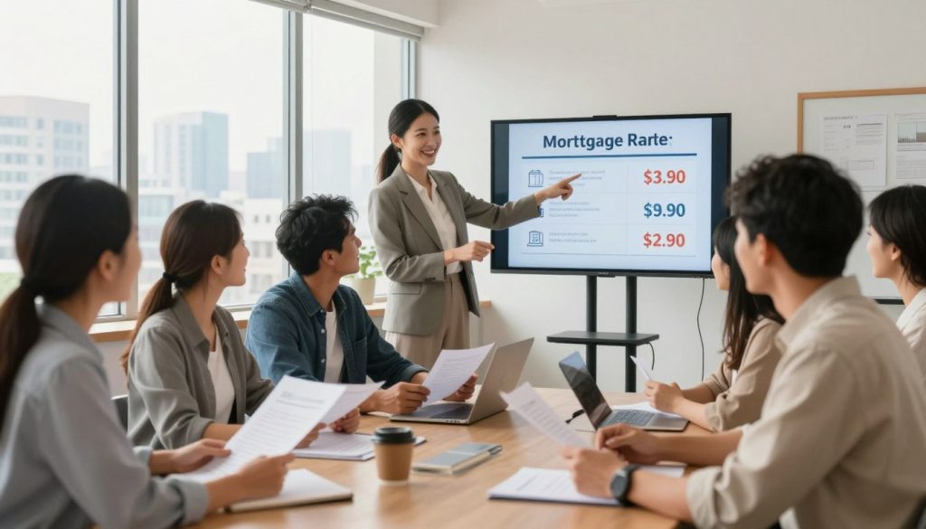 A dynamic and professional scene depicting a diverse group of first-time homebuyers evaluating mortgage options in a bright and inviting office space. In the foreground, a couple, dressed in smart casual attire, discuss documents while smiling, reflecting hope and excitement. In the middle ground, a friendly mortgage advisor—wearing business attire—points to a digital screen displaying competitive mortgage rates, emphasizing a sense of guidance and support. In the background, large windows let in plenty of natural light, showcasing a city skyline to suggest aspiration and opportunity. The atmosphere is warm and optimistic, with soft, inviting lighting to create a welcoming environment. Use a wide-angle lens to capture the entire scene, enhancing the sense of collaboration and positivity.
