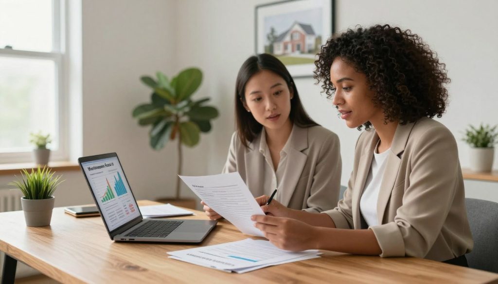 A modern, cozy home office scene with a diverse couple sitting at a sleek wooden desk, both reviewing paperwork related to mortgage rates. The foreground features a laptop displaying charts and statistics about first-time buyer mortgage rates. The couple, dressed in professional attire, exhibits expressions of concentration and eagerness. In the middle background, a potted plant adds a homey touch, while a framed picture of their new home hangs on the wall. The composition is well-lit with soft, natural light streaming in from a nearby window, creating a warm, inviting atmosphere. A wide-angle lens captures the entire scene, emphasizing the hopeful ambiance as they embark on their mortgage journey.