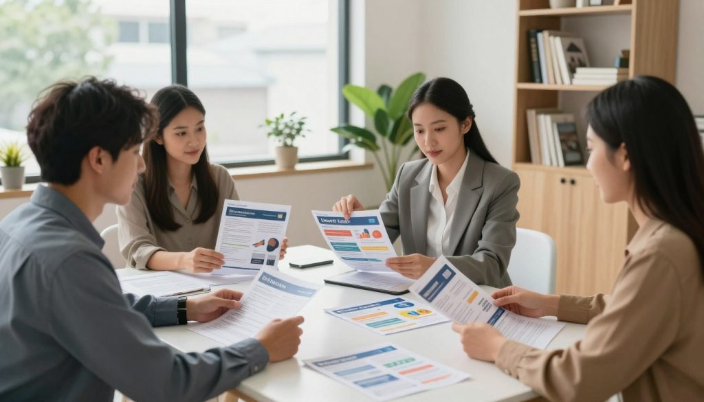 A modern, inviting home office setting featuring a diverse group of first-time home buyers sitting around a stylish conference table, examining various loan option brochures and documents. In the foreground, a young couple in professional business attire, looking engaged and focused as they discuss the loan options laid out in front of them. In the middle ground, a financial advisor, dressed in business casual, is pointing to a colorful infographic that visually compares different loan types, highlighting key benefits. The background shows a bright, airy room with large windows letting in natural light, plants for a touch of warmth, and a bookshelf filled with home-related literature. The atmosphere is professional yet welcoming, conveying optimism and clarity in decision-making.