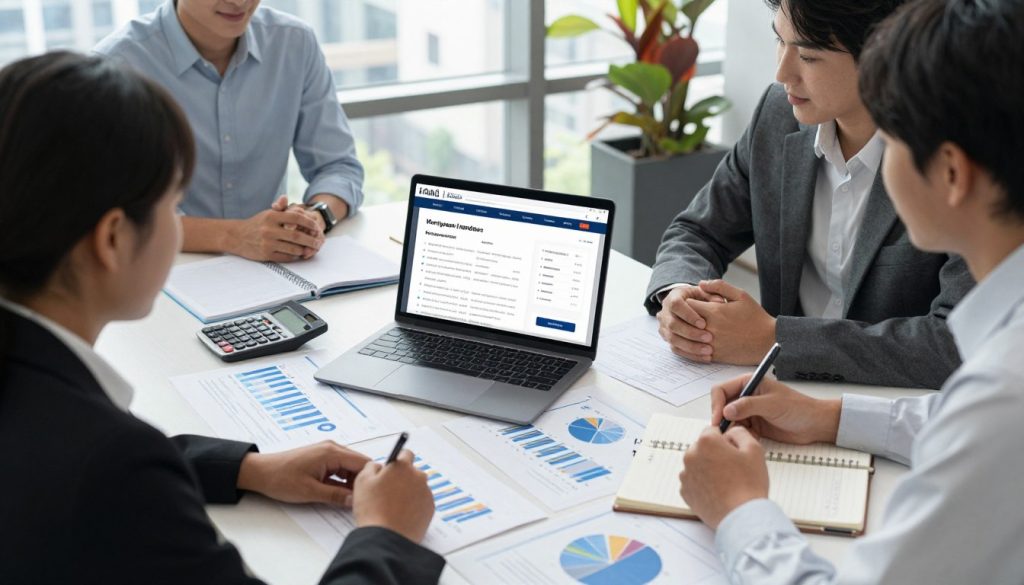 A modern office setting as the foreground, featuring a diverse group of three professionals in business attire engaged in a discussion around a large table covered with mortgage comparison charts and graphs. In the middle, a sleek laptop displays an interactive mortgage lender comparison website, while a notepad filled with notes and a calculator are nearby. The background showcases a bright window with cityscape views, emphasizing a sense of optimism and business acumen. Soft, ambient lighting creates a warm atmosphere that reflects collaboration and decision-making. The angle is slightly above eye level, focusing on both the individuals and the documents to capture the importance of comparing mortgage lenders effectively.