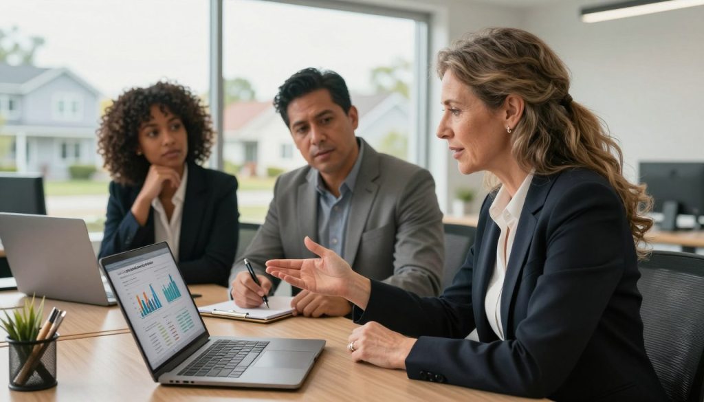 A modern office setting with a focus on a diverse group of three professionals discussing homebuyer assistance programs. In the foreground, a middle-aged Caucasian woman in a smart business suit gestures towards a laptop displaying financial charts and housing statistics. The middle scene features a middle-aged Hispanic man taking notes on a notepad, while a young Black woman, dressed in professional attire, looks on thoughtfully. In the background, large windows let in warm, natural light, offering a view of a suburban neighborhood with houses. The atmosphere is collaborative and optimistic, symbolizing opportunities for first-time homebuyers through government support. The scene is captured with a slight depth of field to emphasize the group, using soft lighting to create a welcoming, professional mood.