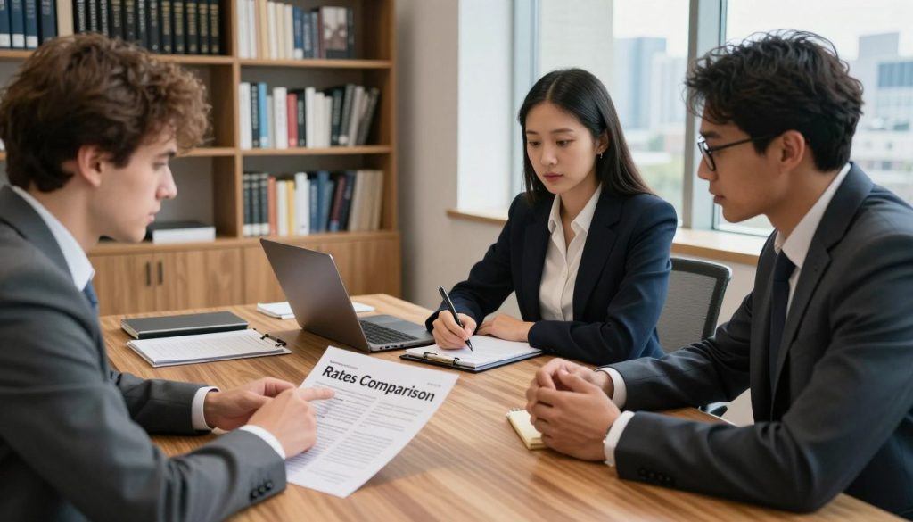 A modern office setting with a sleek wooden desk at the center, where a diverse group of three professionals—two men and one woman, all in business attire—are engaged in a discussion over mortgage lender brochures. The man on the left, with short brown hair, is pointing to a brochure titled "Rates Comparison," while the woman in a smart blazer takes notes on a laptop. The other man, with glasses, is looking thoughtfully at the materials. The background features bookshelves filled with financial literature and a window showcasing a city skyline, illuminated by natural daylight. Soft shadows and warm tones create an inviting and focused atmosphere, emphasizing professionalism and collaboration. A close-up perspective captures the details of the documents and expressions of concentration on their faces.