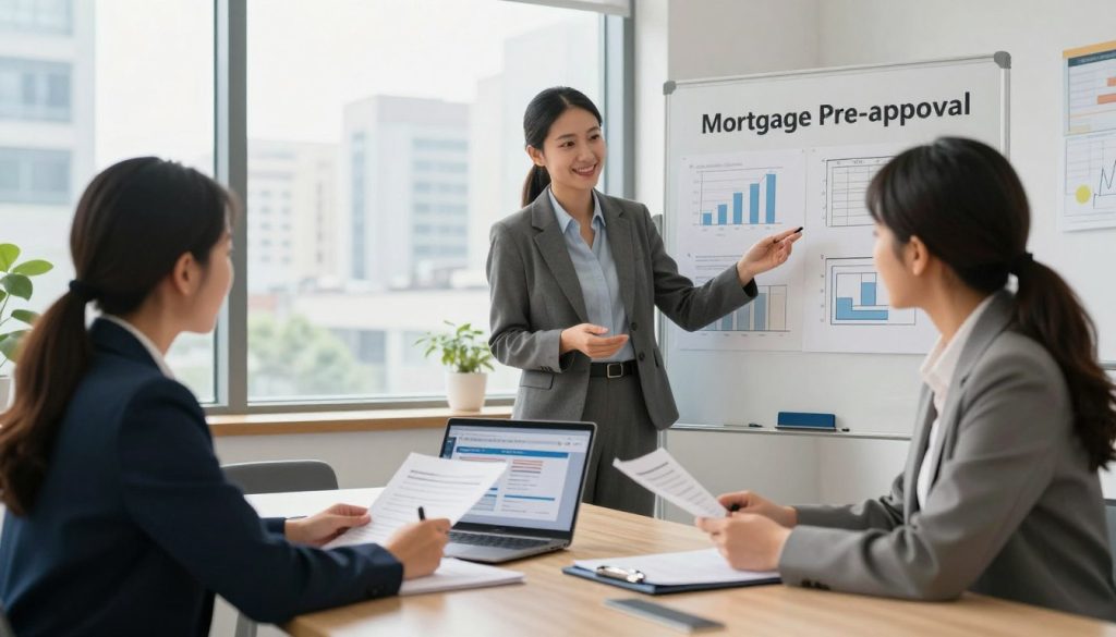 A modern, professional office interior depicting the mortgage pre-approval process. In the foreground, a diverse couple dressed in smart business attire is seated at a sleek conference table, attentively reviewing documents and a laptop displaying mortgage options. The middle ground showcases a friendly mortgage advisor, also in professional attire, explaining details with visual aids and charts on a whiteboard. The background features large windows with natural light streaming in, and a cityscape visible outside, creating an inviting atmosphere. The warm lighting enhances a sense of approachability and trust, inviting the viewer to feel confident about the mortgage process. The overall mood is focused yet encouraging, emphasizing support and guidance for first-time buyers.