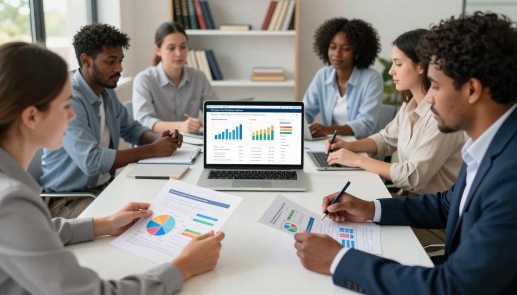 A modern, well-lit home office scene featuring a diverse group of professionals sitting around a sleek conference table, engaged in a mortgage comparison discussion. In the foreground, two businesspeople, one Caucasian and one Black, examine various colorful charts and documents spread across the table, showcasing mortgage rates and lender options. The middle layer displays a large laptop screen with a side-by-side comparison of mortgage lender websites, complete with graphs and figures. The background features shelves with financial books and a window revealing a sunny day outside. The lighting is bright and inviting, creating a focused, collaborative atmosphere. Capture the mood of professionalism and teamwork, emphasizing clarity and trust in financial decision-making.