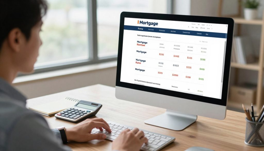 A modern workspace featuring a sleek desktop computer displaying a mortgage comparison website. In the foreground, the computer screen showcases various mortgage rates and options in a clear, user-friendly layout. A person in professional business attire is analyzing the website, their face reflecting concentration and engagement. In the middle, a notepad and a calculator lie next to the computer, symbolizing careful consideration and financial planning. The background features a bright, airy office setting with large windows allowing natural light to flood in, creating an inviting atmosphere. The mood is focused and productive, with a sense of ease about the online comparison process. Soft, diffused lighting enhances the professionalism of the scene, captured from a slightly elevated angle for a comprehensive view.