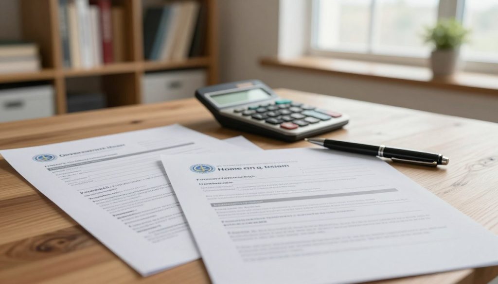 A neatly organized layout of government home loan documents on a wooden desk. In the foreground, a close-up view of several official forms including loan applications, income verification, and property appraisal documents, all featuring official logos and watermarks. The middle ground showcases a digital calculator and a pen beside the papers, symbolizing the calculation and signing process involved in securing a home loan. The background has a soft-focus view of a cozy home office with shelves filled with books and a potted plant, accentuating a warm and inviting atmosphere. Soft, natural light streams through a nearby window, creating a calm and professional mood, with a slight vignette effect to draw attention to the documents.