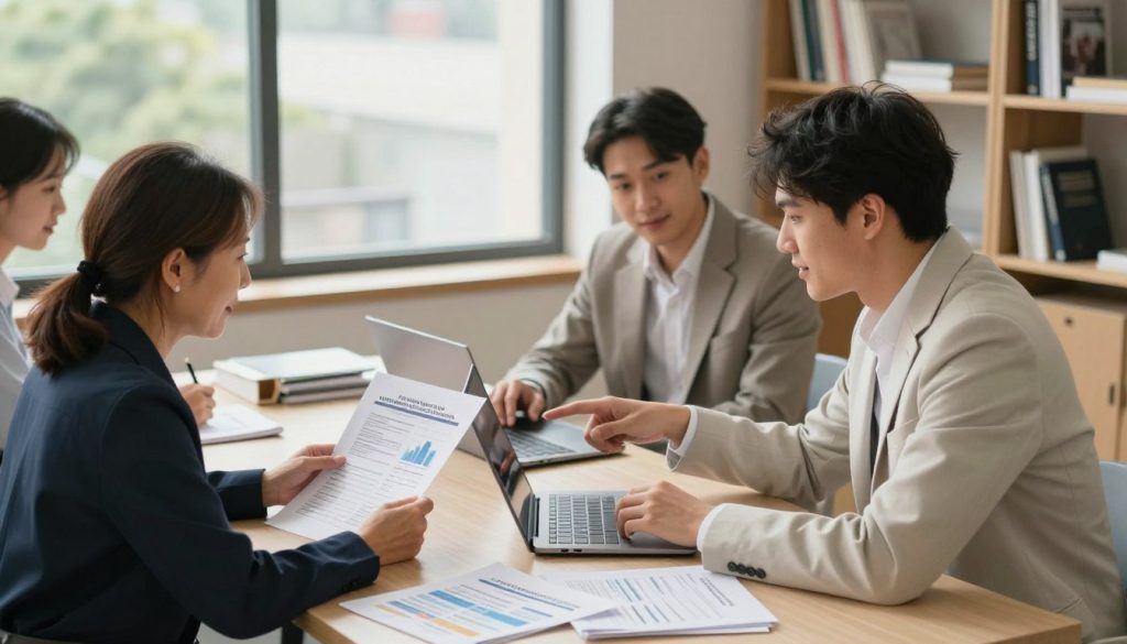 A professional and inviting office setting depicting a diverse group of people engaged in a thoughtful discussion about low-interest government loan options. In the foreground, a middle-aged woman in smart business attire reviews financial documents while a young man in a light suit points to a chart on a laptop. The middle ground features a large window with natural light streaming in, illuminating a modern desk filled with brochures about loan options. In the background, a bookshelf filled with financial books adds depth. The atmosphere is focused yet collaborative, conveying a sense of opportunity and hope for financial solutions. Use a warm color palette with soft lighting to create an inviting ambiance, captured from a slightly elevated angle to show the dynamic interaction among the individuals.
