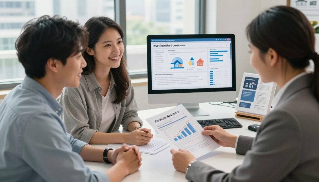 A professional and inviting office setting focused on first-time homebuyer assistance. In the foreground, a smiling couple, dressed in business casual attire, is seated at a desk with a financial advisor, who is reviewing paperwork and presenting charts related to home loans and down payment assistance. The middle ground features a computer displaying a housing market dashboard and brochures about various assistance programs. The background showcases a large window with natural light streaming in, revealing a cityscape, symbolizing hope and opportunity. The mood is optimistic and collaborative, reflecting the journey towards home ownership. Use soft, warm lighting to create a welcoming atmosphere. Capture the scene with a slight top-down angle for a comprehensive view of the interaction.