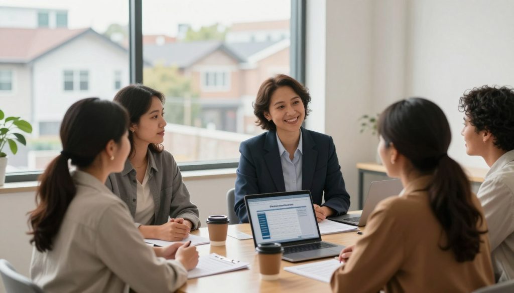 A professional and welcoming scene depicting a diverse group of first-time homebuyers meeting with a friendly mortgage lender in a modern office setting. In the foreground, two diverse couples, one of Hispanic descent and another Black couple, are engaged in a discussion with a well-dressed lender, showcasing warmth and trust. The middle of the image highlights a conference table with essential documents, a laptop open displaying mortgage calculators, and coffee cups to create a comfortable atmosphere. The background features large windows letting in natural light, revealing a view of an urban landscape with residential homes. The mood is optimistic and informative, emphasizing support and guidance for first-time buyers. Capture the scene with soft focus and warm lighting, creating an inviting and professional ambiance.