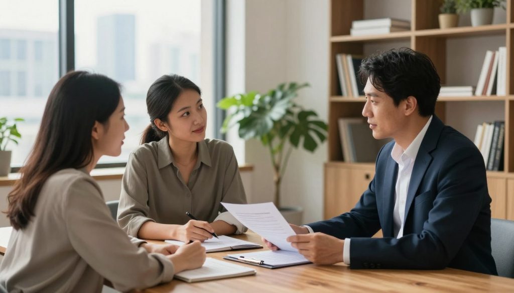 A professional financial advisor in a sleek office environment, discussing mortgage options with a diverse, engaged couple. The couple appears hopeful, dressed in smart casual attire, examining documents on a modern wooden table. In the background, a large window reveals a bright skyline, symbolizing opportunities. Soft, warm lighting enhances the welcoming atmosphere, with potted plants adding a touch of greenery. A bookshelf filled with finance books and decorative elements showcases expertise. The scene captures a mood of optimism and trust, emphasizing support for low credit borrowers. The camera angle is slightly elevated, providing a comprehensive view of the interaction while maintaining a focus on the couple's expressions.