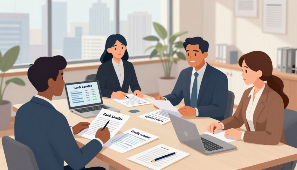 A professional illustration showing various types of mortgage lenders in a dynamic office environment. In the foreground, a diverse group of three financial professionals in business attire is engaged in discussion, symbolizing a bank lender, a credit union representative, and a mortgage broker. The middle layer features a modern office setup with a large table covered in documents, loan agreements, and a laptop displaying mortgage rates. In the background, a large window displays a cityscape under bright natural lighting that suggests a hopeful atmosphere. The image captures a sense of professionalism, collaboration, and trust, with a color palette that incorporates warm tones for a welcoming feel. The angle should be slightly elevated to provide a comprehensive view of the scene, emphasizing the importance of selecting the right lender.