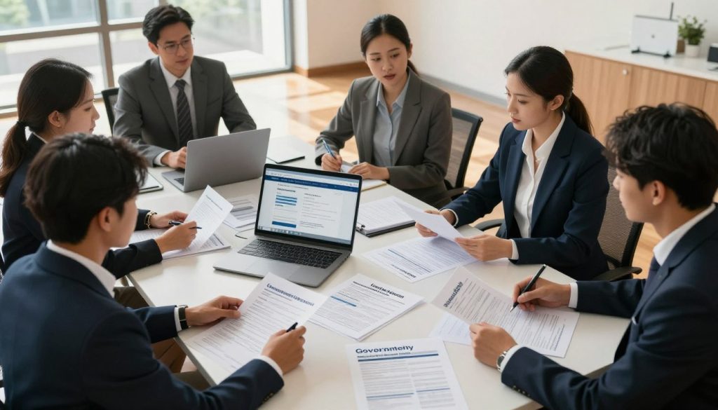 A professional office setting depicting a government loan application process. In the foreground, a diverse group of individuals in professional business attire are engaged in discussion around a table, reviewing documents and forms with focused expressions. In the middle, a large table is cluttered with paperwork, a laptop displaying a government website, and various loan brochures. In the background, a large window allows natural light to flood the room, casting soft shadows on the polished wooden floors, creating a warm and inviting atmosphere. The overall mood is one of determination and collaboration, showcasing the seriousness of navigating financial processes while still promoting an encouraging environment. The image captures the essence of teamwork and professionalism in the loan application journey.