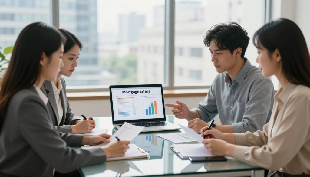 A professional office setting focused on comparing mortgage offers for individuals with low credit. In the foreground, a diverse group of three people—two women and one man—are seated around a modern glass conference table, reviewing documents and discussing. The women are dressed in smart business attire, while the man is in a casual button-up shirt. The middle section features a laptop displaying mortgage rate charts and comparison graphs. In the background, large windows reveal a bright cityscape, with soft natural light pouring into the room, creating a warm and inviting atmosphere. The overall mood is collaborative and focused, emphasizing the importance of informed decision-making in the mortgage process.
