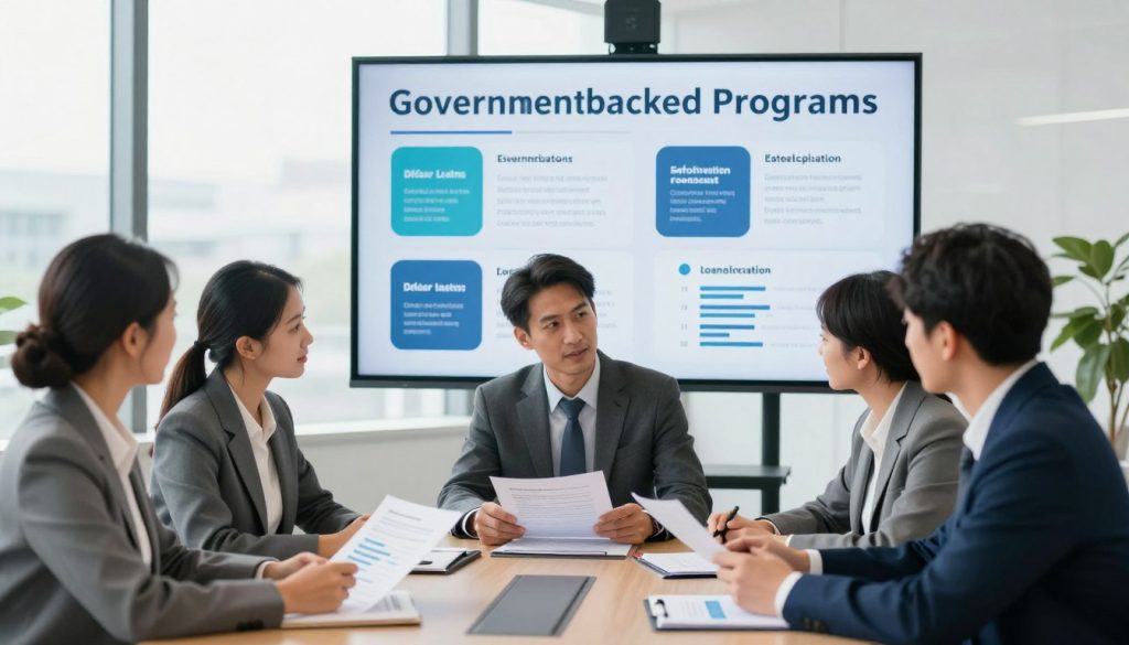 A professional office setting that visually represents government-backed loan programs. In the foreground, a diverse group of individuals in business attire, engaged in a discussion at a conference table, reviewing documents and graphs related to loan options. The middle ground features a large digital display showing infographics on various types of loan programs, with clear visuals of benefits and qualifications. In the background, large windows let in bright, natural light, creating an open and inviting atmosphere. A subtle depth of field effect emphasizes the discussion in the foreground, while the overall mood conveys optimism and collaboration. The image is well-lit and balanced, promoting a sense of professionalism and clarity.