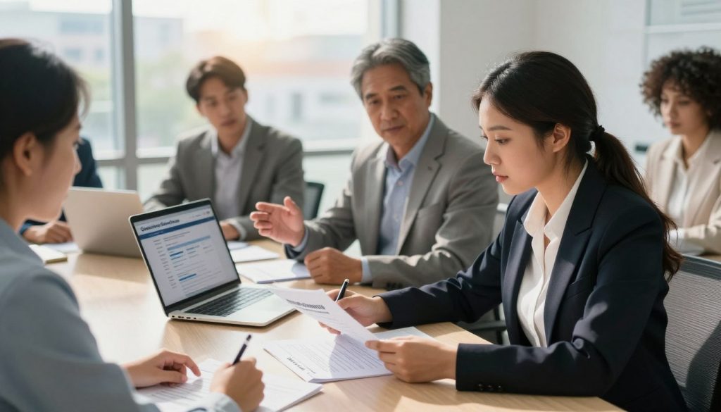 A professional office setting with a diverse group of individuals discussing home loan eligibility, portrayed in a meaningful, collaborative atmosphere. In the foreground, a young woman in business attire examines documents spread on a polished table, her expression focused and determined. In the middle, a middle-aged man gestures while explaining eligibility criteria, a laptop open in front of him displaying a financial webpage. In the background, a window reveals a sunny urban landscape, casting warm, natural light into the room. Soft shadows add depth, enhancing the professional ambiance. Angled from a slightly elevated perspective, the scene captures the essence of teamwork, knowledge, and the serious nature of securing a government home loan, inviting readers to explore their eligibility criteria.