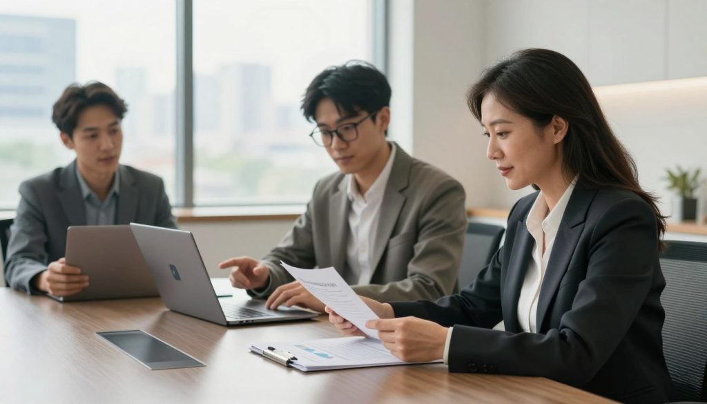 A professional setting with a diverse group of three mortgage lenders sitting around a sleek, modern conference table. The foreground features a focused lender, a middle-aged woman in a smart business suit, reviewing a financial document. In the middle, a young man in glasses and a casual blazer is explaining something on his laptop with graphs displayed. The background shows a large window with natural light pouring in, offering a view of a city skyline. The atmosphere is collaborative and optimistic, highlighted by warm lighting and a clean, organized workspace. The image conveys a sense of professionalism and hope for borrowers with fair credit looking for mortgage options.