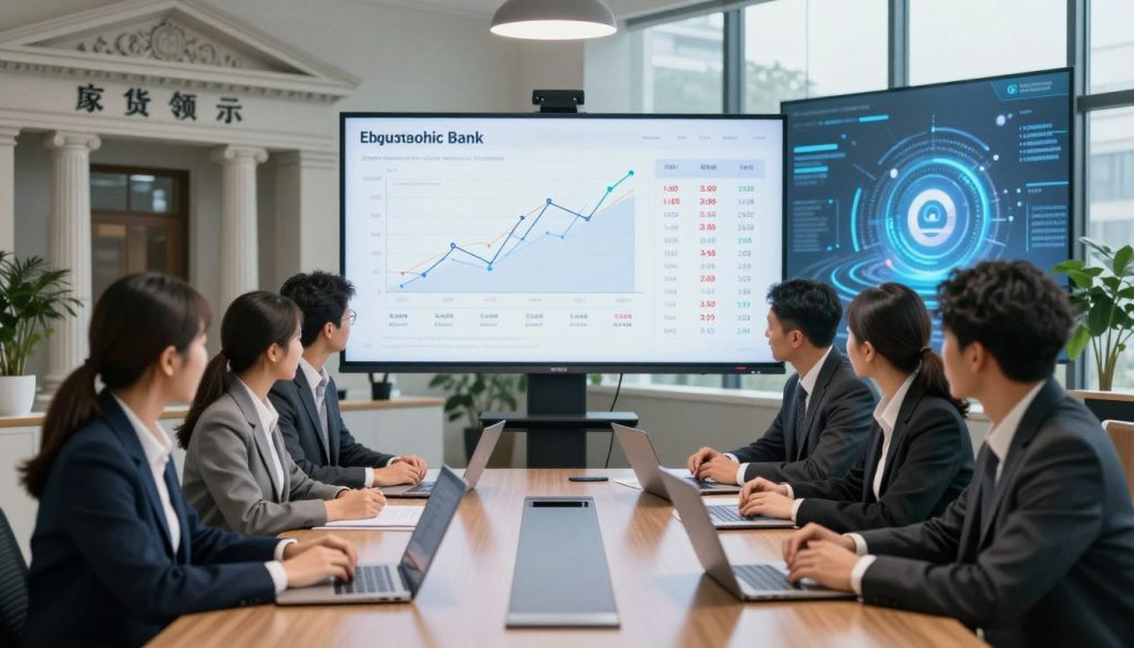 A professional setting with a split scene showcasing a traditional bank on the left and an online mortgage lender on the right. In the foreground, a diverse group of business professionals in professional attire sits around a polished conference table, engaging with laptops and documents, deeply focused on comparing mortgage rates. The middle section features a large digital screen displaying line graphs and rate comparisons, emphasizing the ease of online comparisons. The background contains sleek architecture representative of a traditional bank juxtaposed with modern, tech-savvy imagery symbolizing online lenders. Soft, natural lighting filters in from large windows, creating a cooperative and informative atmosphere. Capture this scene from a slightly elevated angle, emphasizing collaboration and technology in finance.
