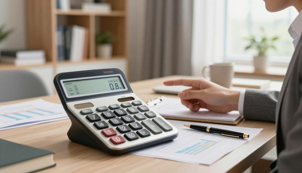 A sophisticated mortgage calculator displayed prominently in a modern, well-lit home office environment. In the foreground, the calculator has a sleek design with a digital interface, featuring numbers and graphs that indicate mortgage rates. Surrounding the calculator are documents and a stylish pen, suggesting an ongoing financial discussion. In the middle ground, a professional-looking individual in business attire examines the calculator with focused attention, representing a first-time homebuyer. The background includes a cozy bookshelf and a window allowing natural light to flood the room, creating an inviting atmosphere. The scene is captured from a slightly elevated angle to emphasize the calculator, with soft, warm lighting to convey a sense of hope and opportunity in home buying.