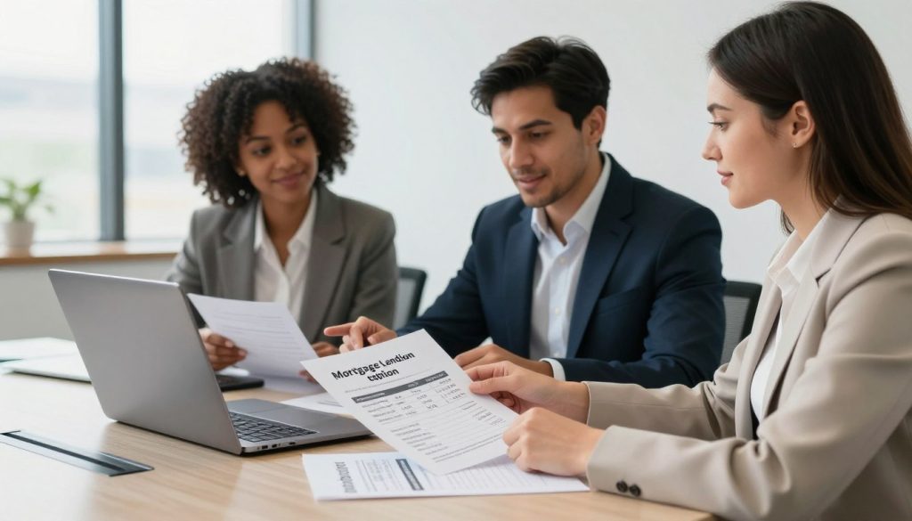 A visually appealing office setting where a diverse group of three professionals (a Black woman, a Hispanic man, and a Caucasian woman) in smart business attire are seated around a sleek conference table comparing mortgage lending options displayed on laptops and printed documents. In the foreground, focus on the documents showing different mortgage rates and terms. The middle ground features the individuals engaged in a discussion, with one person pointing at a laptop screen, suggesting collaboration. The background displays a modern office with large windows allowing soft, natural light to brighten the scene. The atmosphere is focused and positive, conveying teamwork and informed decision-making regarding mortgage options. Use a shallow depth of field for a polished, professional look.