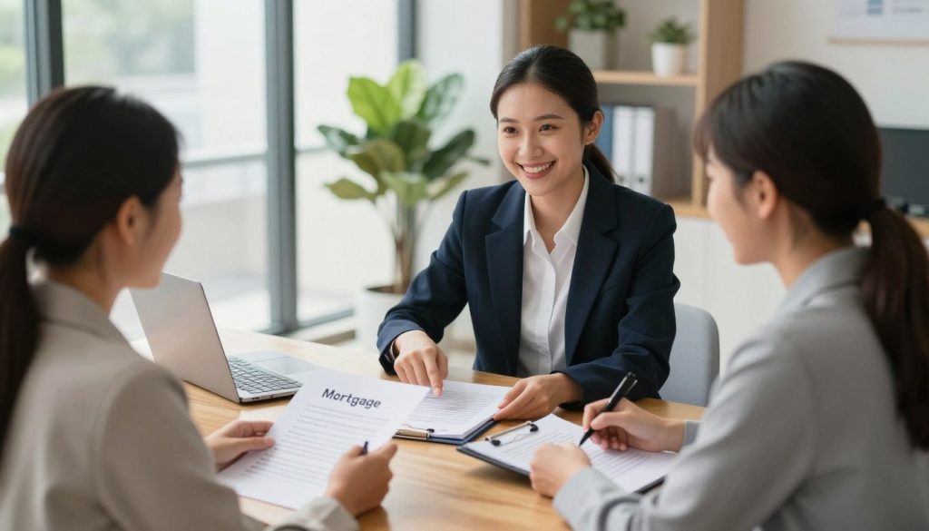 A visually engaging scene depicting a first-time homebuyer meeting with a mortgage lender in a modern office environment. In the foreground, a diverse couple in professional attire, appearing optimistic and engaged, is seated at a sleek wooden table, reviewing mortgage options. The middle ground features a friendly mortgage lender, dressed in smart business attire, pointing to documents on the table, showcasing transparency and helpfulness. The background includes a bright, inviting office space with large windows, green plants, and modern decor, conveying a welcoming atmosphere. Soft, natural lighting cascades through the windows, creating a warm and hopeful mood, while a camera angle from slightly above captures the interaction enlighteningly.