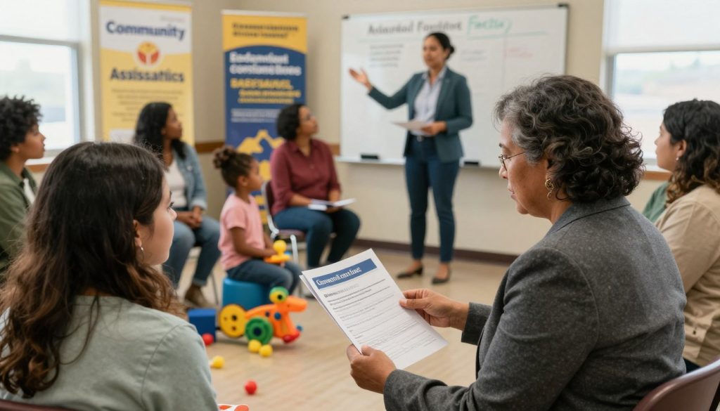 A warm and inviting scene depicting a diverse group of low-income individuals and families gathered in a community center, engaged in discussions about financial assistance. In the foreground, a middle-aged woman in professional attire is reviewing government loan brochures with a young mother and her child, who is playing with a toy. In the middle ground, a financial advisor is presenting information on a whiteboard, fostering an atmosphere of support and hope. The background features banners emphasizing community support, with soft, natural lighting filtering through windows, creating a welcoming ambiance. The overall mood is optimistic and empowering, emphasizing collaboration and resource availability. Camera angle is slightly elevated, capturing both the intimate interactions and the broader community setting.