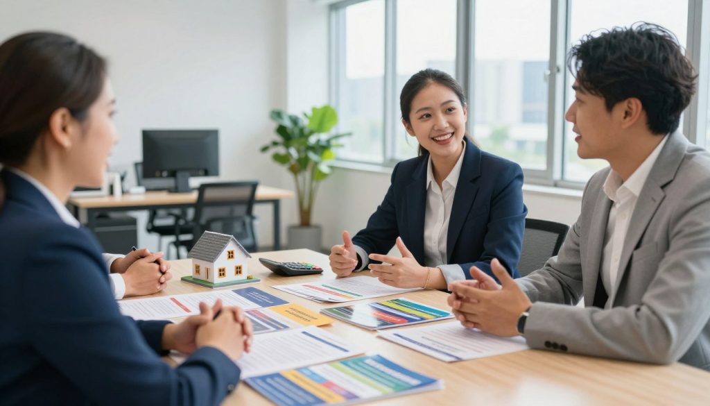 A welcoming, informative scene depicting a professional meeting about down payment assistance programs for homebuyers. In the foreground, a diverse group of three individuals—two men and one woman—are engaged in discussion, dressed in smart business attire, with enthusiastic expressions. The middle ground features a large table covered with colorful brochures and documents about various programs, with a model house and a calculator adorning the surface, symbolizing financial planning. In the background, a bright office with large windows allows natural light to flood the space, showcasing green plants and a city skyline outside, creating an uplifting atmosphere of opportunity and hope. The angle captures the warm interaction among the group, evoking a sense of community and support in achieving homeownership.