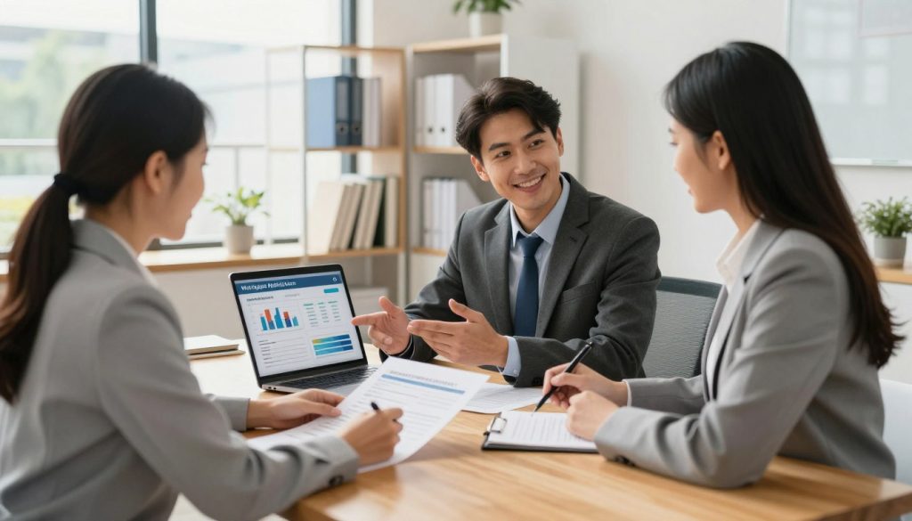 A well-lit modern office environment showcasing the mortgage application process. In the foreground, a professional-looking couple, dressed in business attire, are seated at a sleek wooden table, reviewing documents and discussing their mortgage application. The middle ground features a confident mortgage advisor, also in professional attire, explaining key details with a laptop open, displaying charts and graphs related to home loan rates. In the background, there are shelves filled with books on finance and home ownership, and a large window letting in natural light that adds warmth to the atmosphere. The mood is focused and optimistic, reflecting the couple's determination to secure the best mortgage rate. Use a soft focus lens for a professional look, and ensure the angle captures both the couple's engagement and the advisor's guidance.