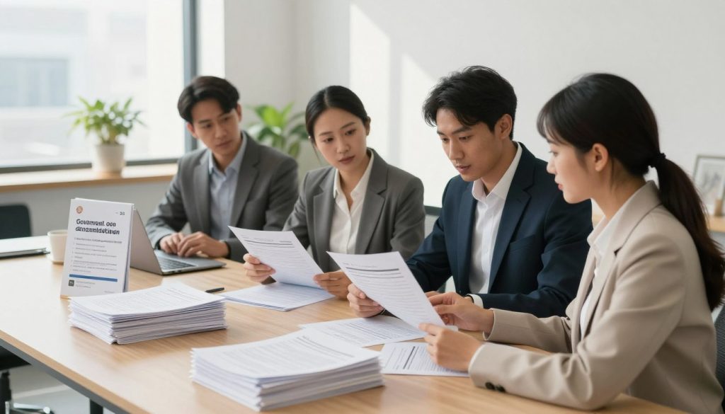 A well-organized government loan application process scene. In the foreground, a diverse group of four individuals in professional business attire—two men and two women—examining loan application documents and discussing. The middle ground features a large table with neatly stacked papers, laptops, and a government brochure about loan options. The background shows a clean, modern office environment with a large window letting in soft, natural light, casting gentle shadows across the room. The atmosphere is focused and productive, conveying a sense of purpose and determination. Use a wide-angle lens to capture the entire scene, ensuring a clear and inviting ambiance without any distracting elements.