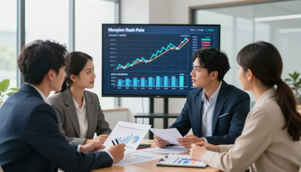 An analytical scene depicting a first-time home buyer mortgage rate analysis. In the foreground, a diverse group of four professional individuals—two men in smart business suits and two women in stylish yet modest business attire—are engaged in discussion over a set of charts and data. In the middle ground, a large digital screen displays fluctuating mortgage rates with illustrative graphs and numbers. The background features a modern office setting with large windows allowing natural light to flood the space, reflecting a sense of optimism. Use a soft-focus lens effect to emphasize the people in the foreground while also capturing the bright and welcoming atmosphere, evoking a mood of hope and professionalism as they navigate home buying options.
