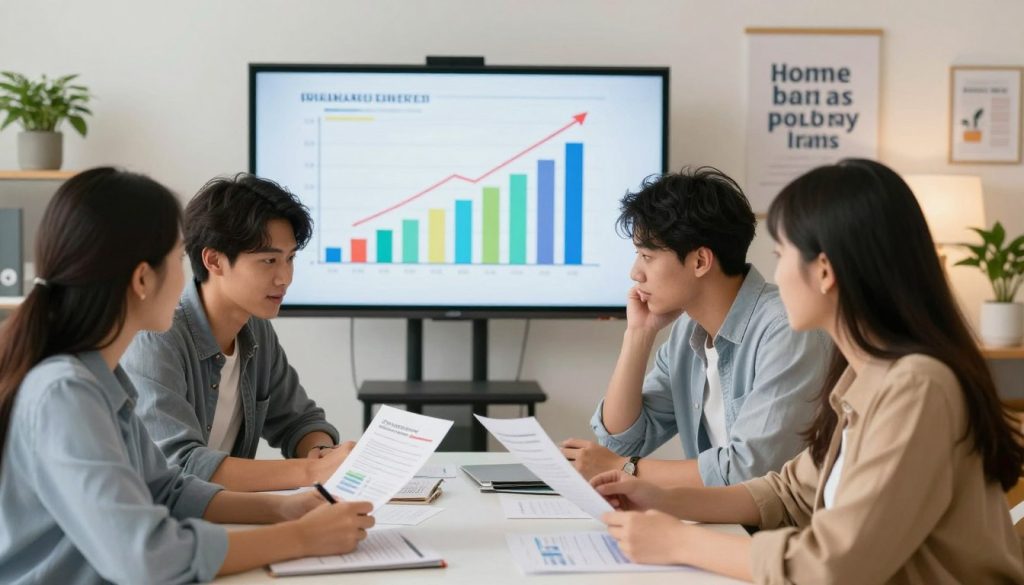 An informative scene depicting a first-time homebuyer workshop. In the foreground, a diverse group of three young adults—one man and two women—are gathered around a modern table, analyzing charts and documents related to interest rates. All are dressed in smart casual attire, showing a sense of professionalism and eagerness. The middle ground features an engaging presentation screen displaying a colorful graph illustrating fluctuating interest rates with a clear upward trend. In the background, a well-designed office space with potted plants and motivational posters about home ownership conveys an inviting and optimistic atmosphere. Soft, warm lighting enhances the positive mood, while a slight depth of field focuses on the buyers' expressions of curiosity and determination. The overall composition should inspire hope and knowledge for potential buyers.